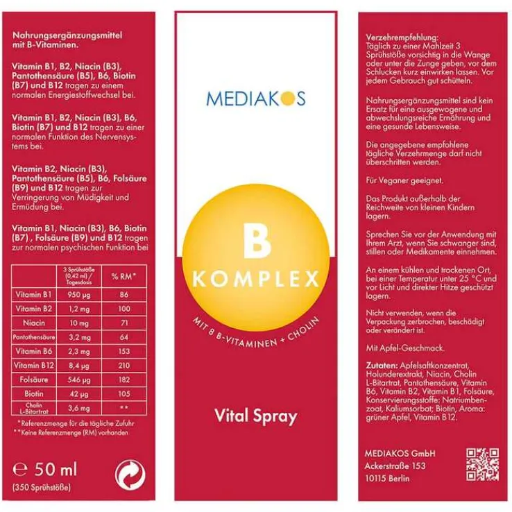 Vitamin B Komplex Mediakos Vital Spray vegan, 50 ml